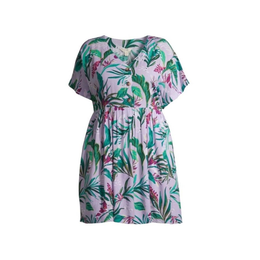 Terra & Sky Plus Size Dress 3X Babydoll Purple Island Floral Has Pockets 24W-26W